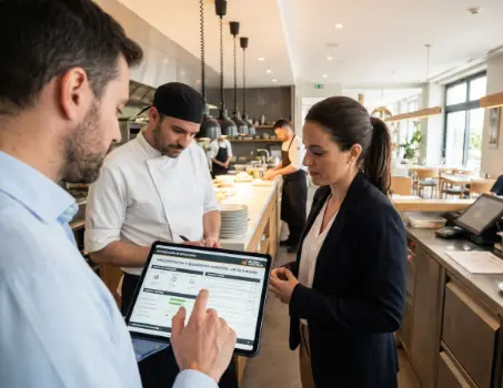 La imagen muestra a 3 personas en un restaurante representando seguimiento del negocio para la misma sección de AZ Gastronomía