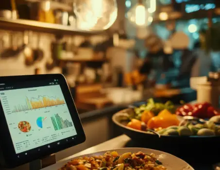 Imagen de unos gráficos en ordenador en una barra de restaurante para la sección de Rentabilidad de AZ Gastronomía